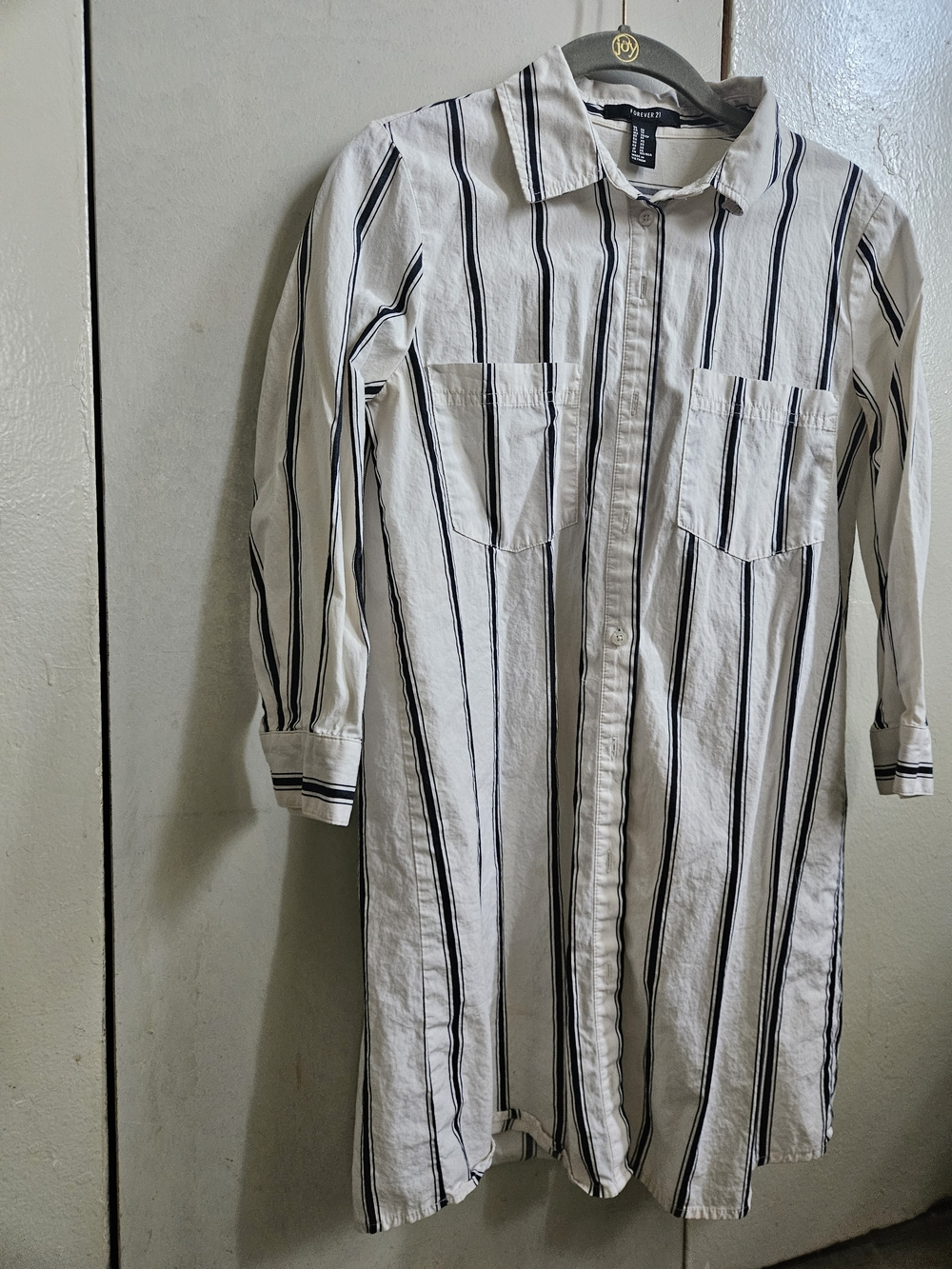 Forever 21 White Button-Down Longline Shirt with Black Stripes